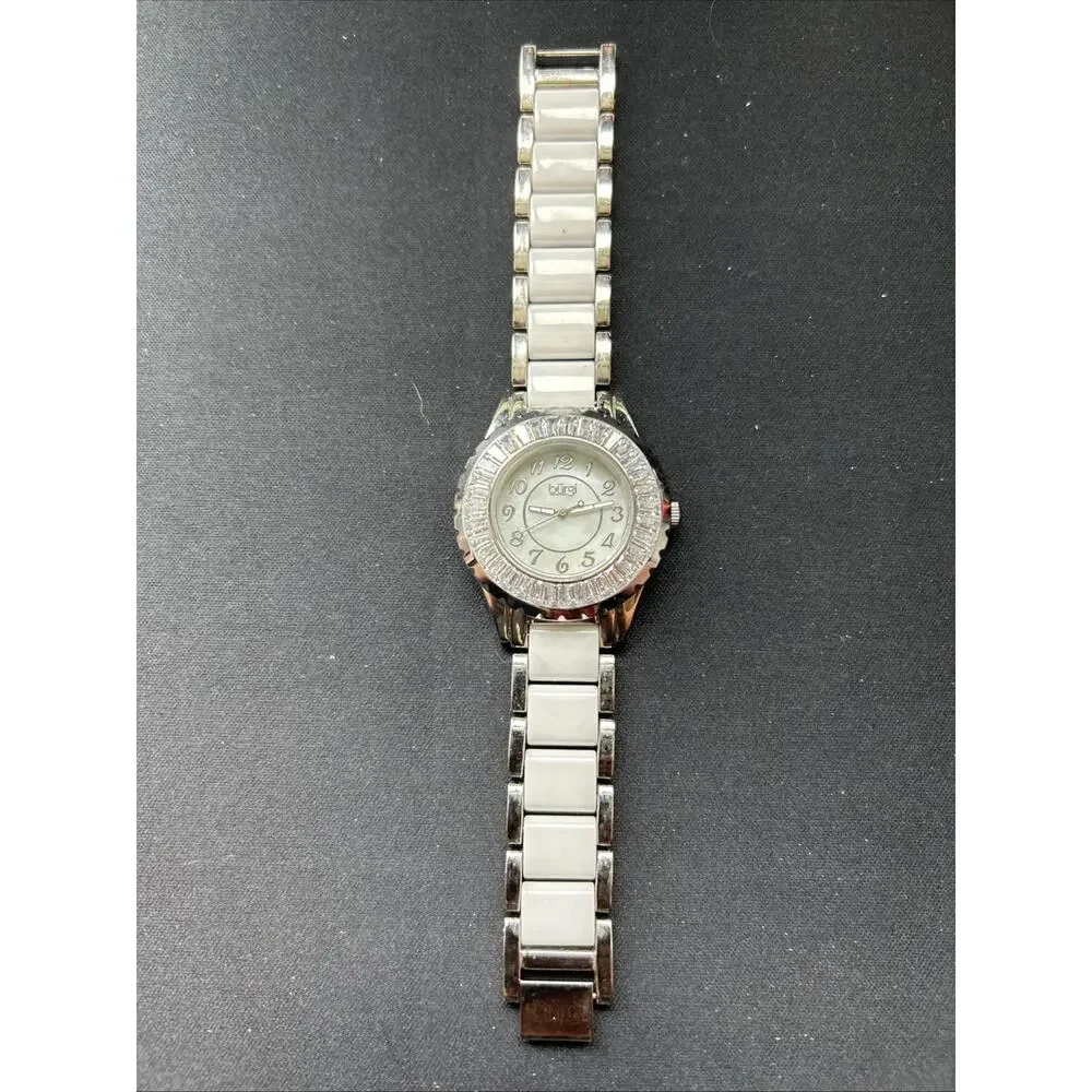 Burgi White And Silver Tone Rhinestone Bezel Women’s Quartz Watch